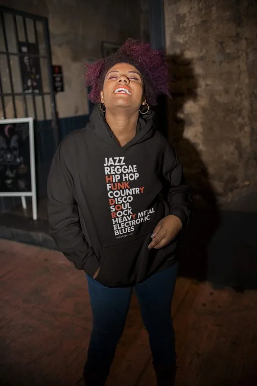 A black Hunky Dory hoodie printed with a stack of music genres, with red letters that spell Hunky Dory