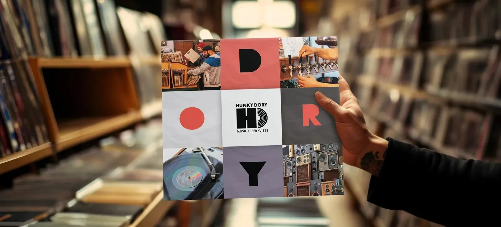 A record sleeve with a nine-square grid of store photos and the letters D, O, R and Y