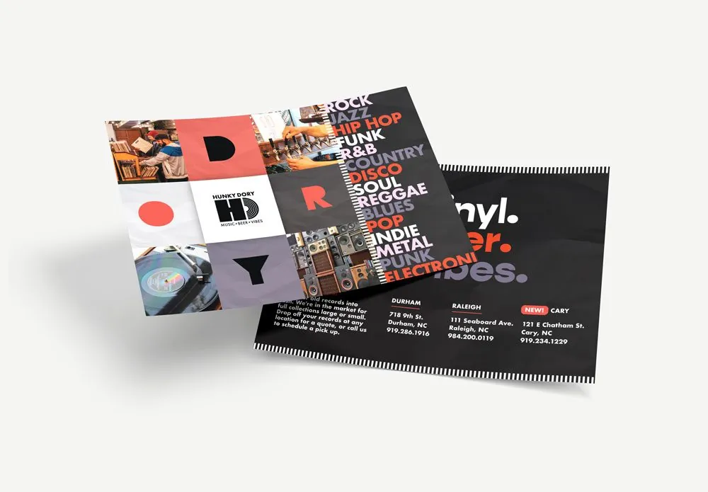 Two-sided Hunky Dory flyer: the photo grid on the front, genres and store locations on the back