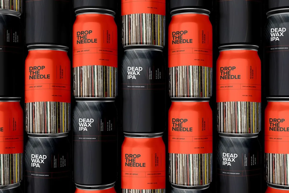 Rows of Drop the Needle and Dead Wax IPA beer cans in orange and black