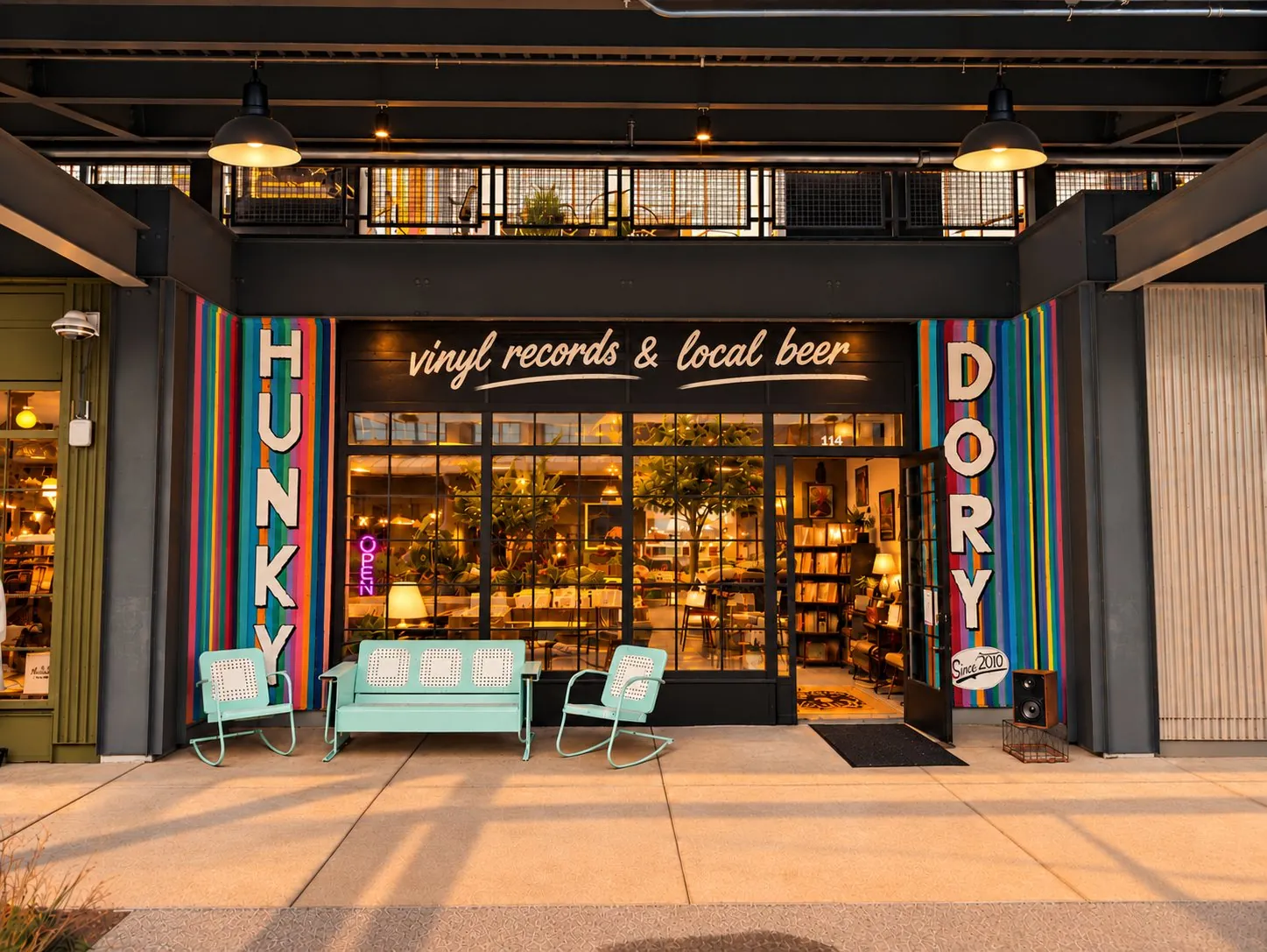 The Hunky Dory storefront: HUNKY and DORY painted on rainbow-striped panels either side of a window under the line vinyl records & local beer, with mint-green metal chairs out front