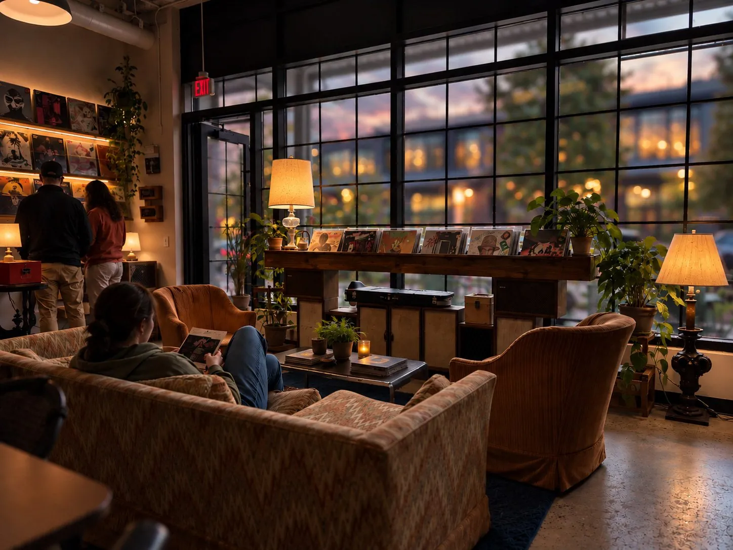 Customers browsing records while someone reads on a sofa by tall windows at dusk
