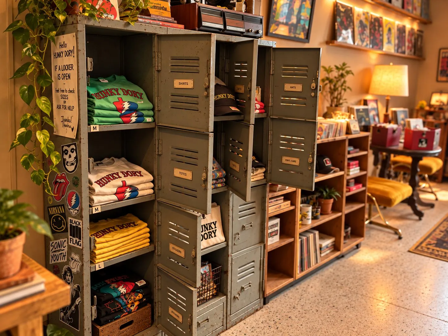 Old metal school lockers used as merch displays, stacked with Hunky Dory T-shirts, hats and totes