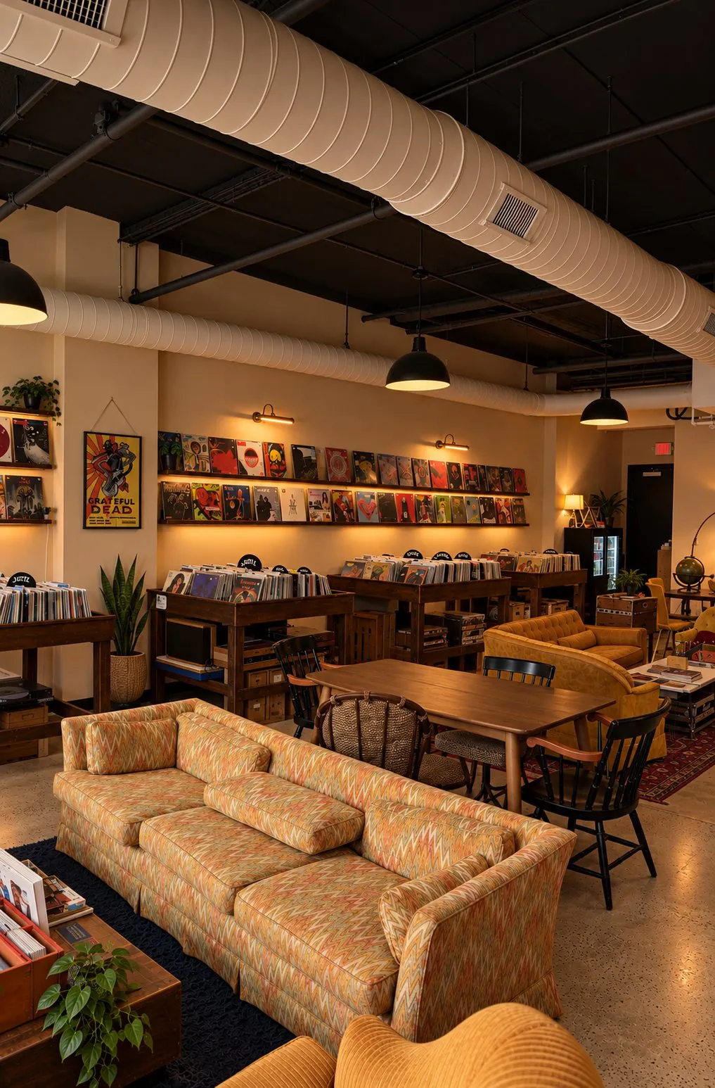 The Hunky Dory sales floor: record bins, a wall of face-out albums, a patterned sofa and a long wooden table under industrial ductwork