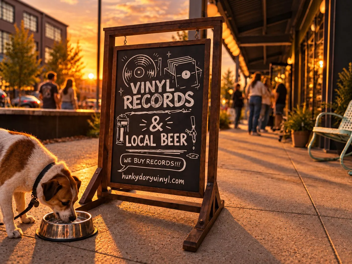 A chalkboard sign on the sidewalk outside Hunky Dory at sunset, reading Vinyl Records & Local Beer, We buy records!!!, while a dog drinks from a water bowl beside it