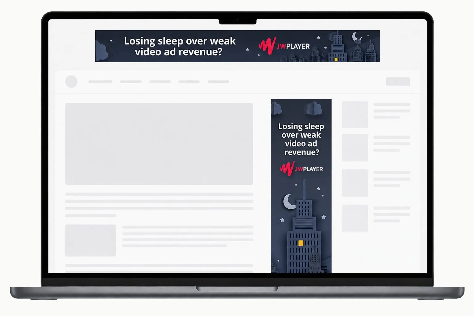 JW Player display ads on a laptop, a leaderboard and a skyscraper reading Losing sleep over weak video ad revenue? over a night skyline
