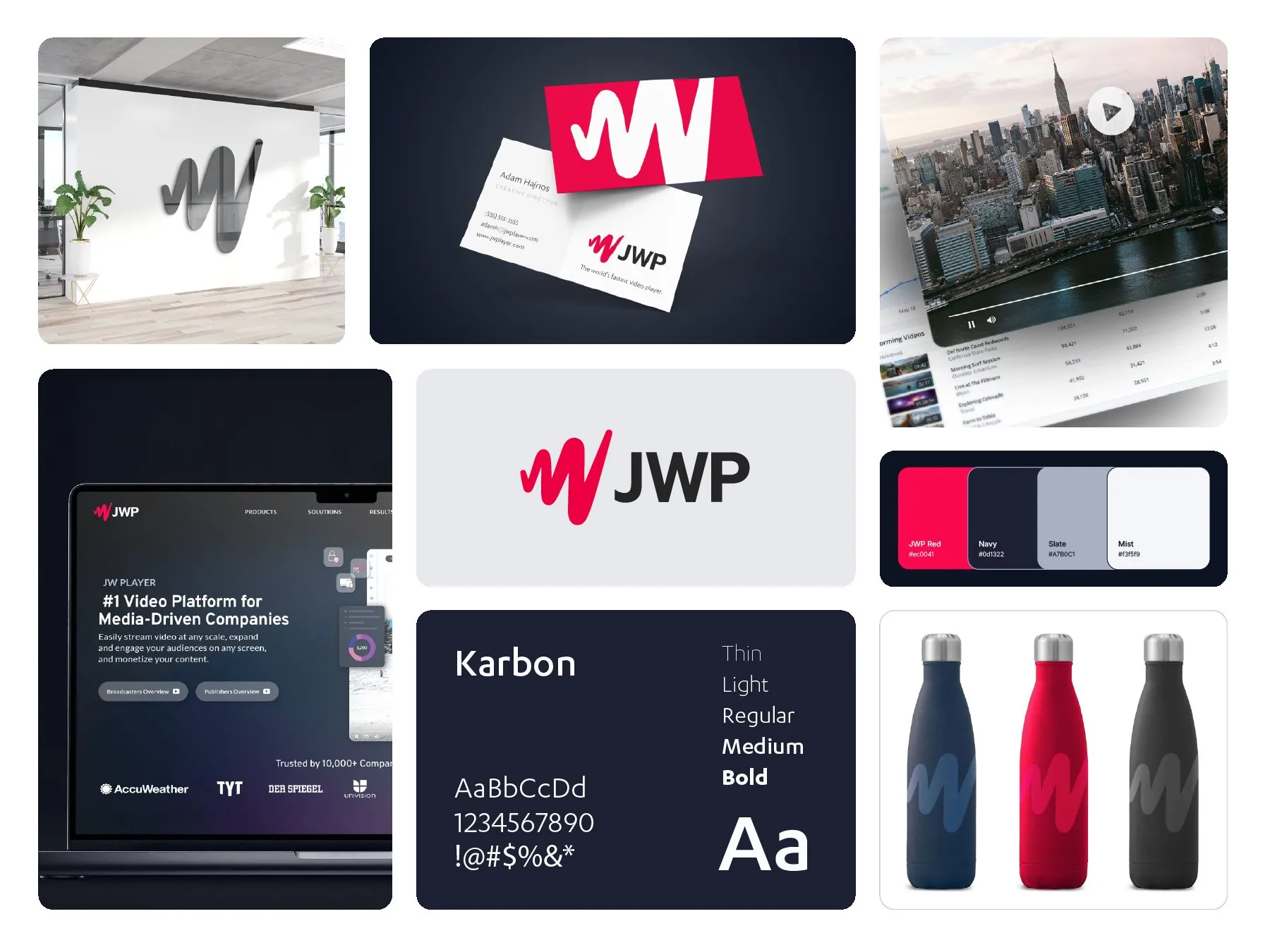 The realigned JWP brand: the red W on a lobby wall, business cards, the video player, the JWP logo, the website on a laptop, the palette, the Karbon typeface and branded water bottles