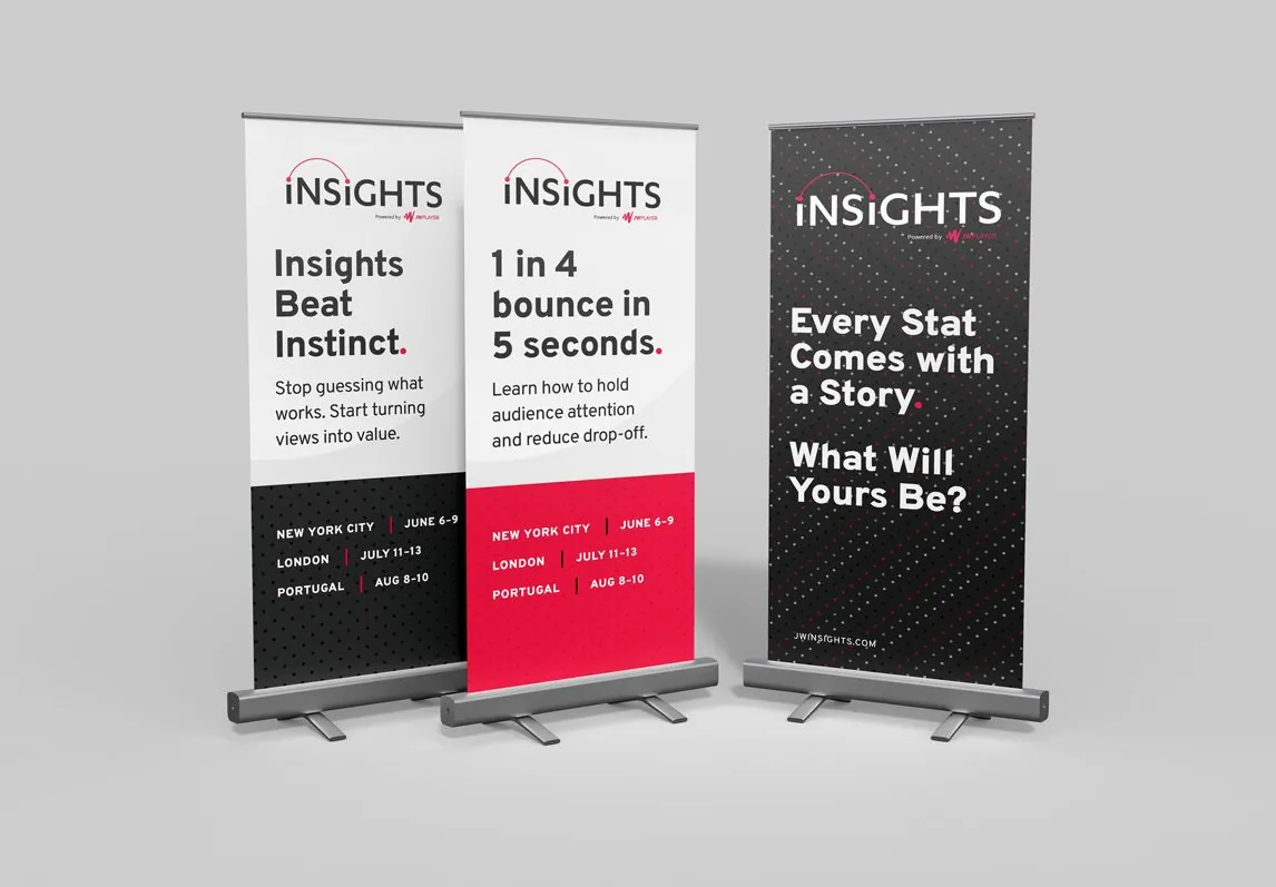 Three Insights pull-up banners: Insights Beat Instinct, 1 in 4 bounce in 5 seconds, and Every Stat Comes with a Story