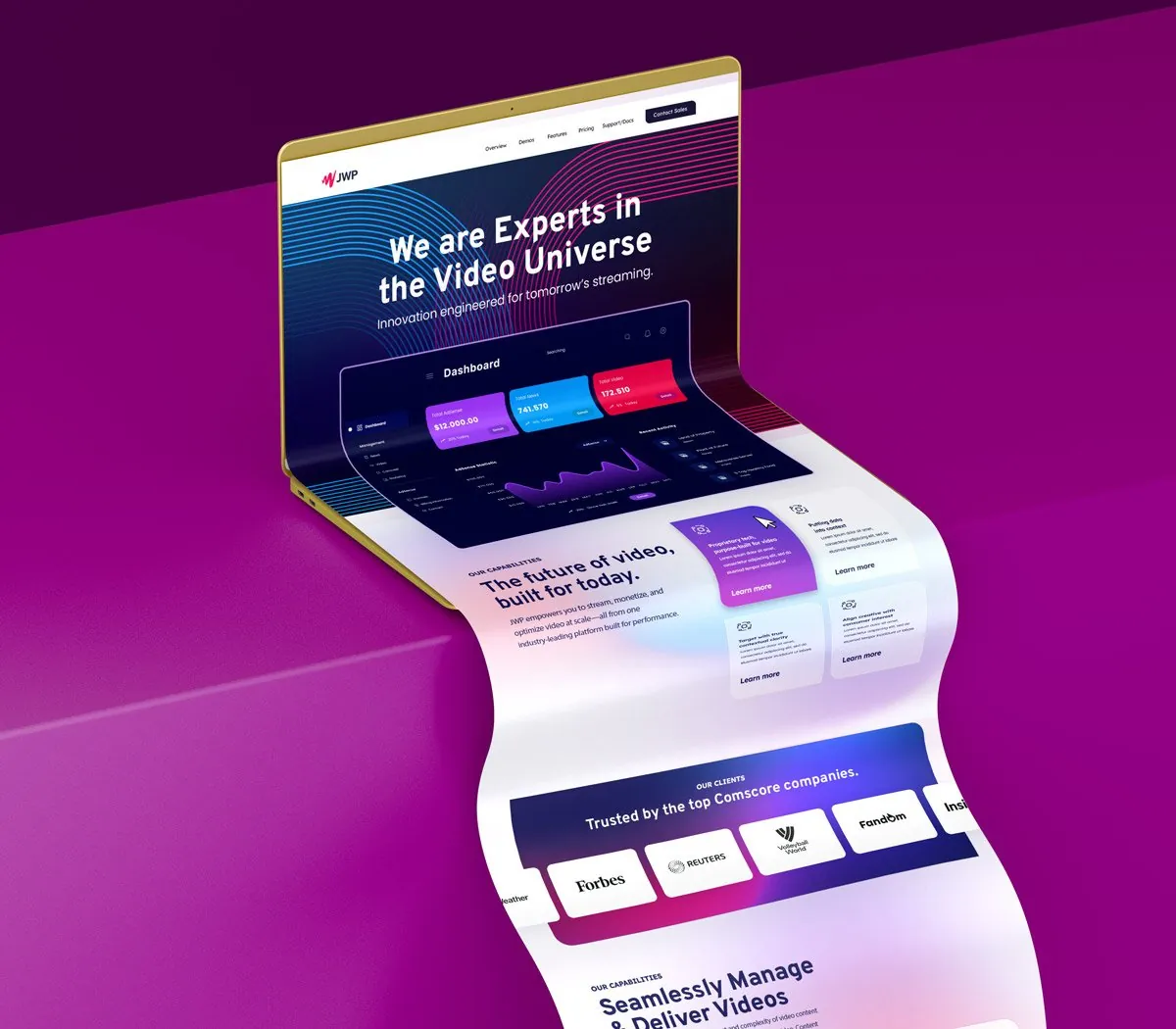 The JWP homepage on a laptop, unrolling into a long scroll: We are Experts in the Video Universe, capabilities, and client logos