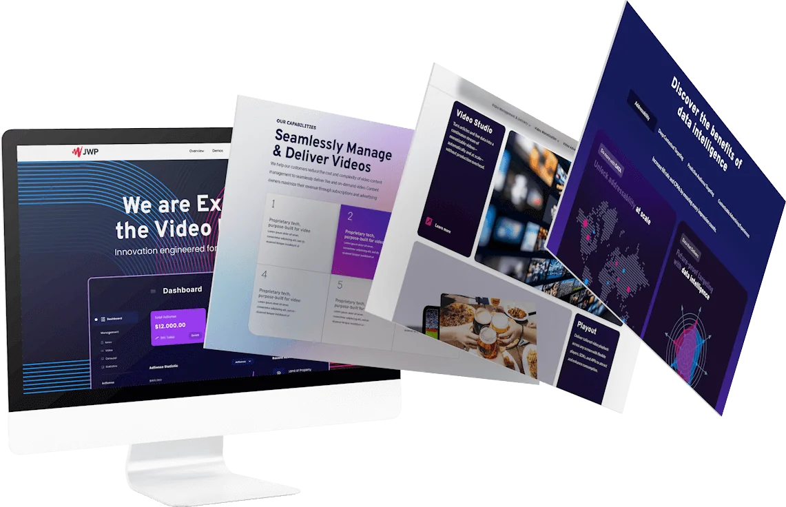JWP website pages fanned out beside a desktop: homepage, capabilities, Video Studio and data intelligence