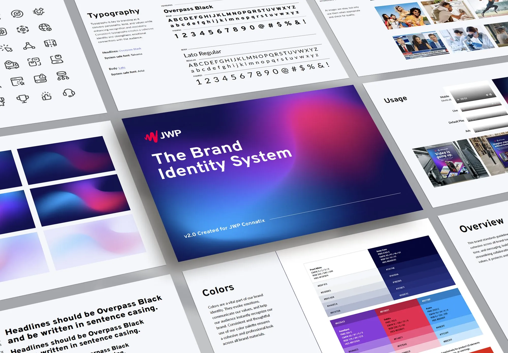 The JWP Connatix brand identity system, v2.0: cover, typography in Overpass Black and Lato, mesh gradients, icons, photography, usage and the color palette