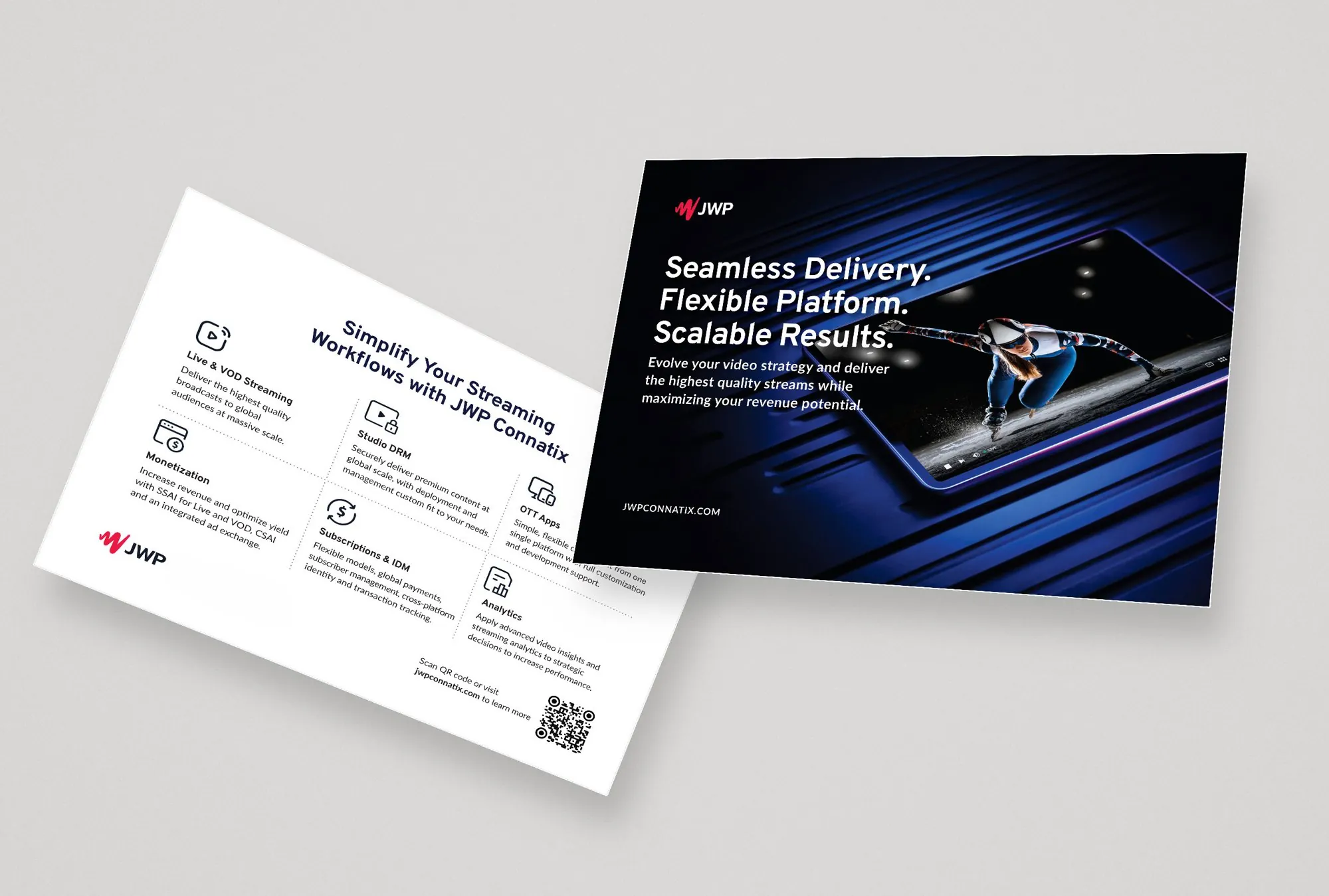 A JWP postcard, front and back: Seamless Delivery. Flexible Platform. Scalable Results. with a speed skater on a tablet, and the product lineup on the reverse