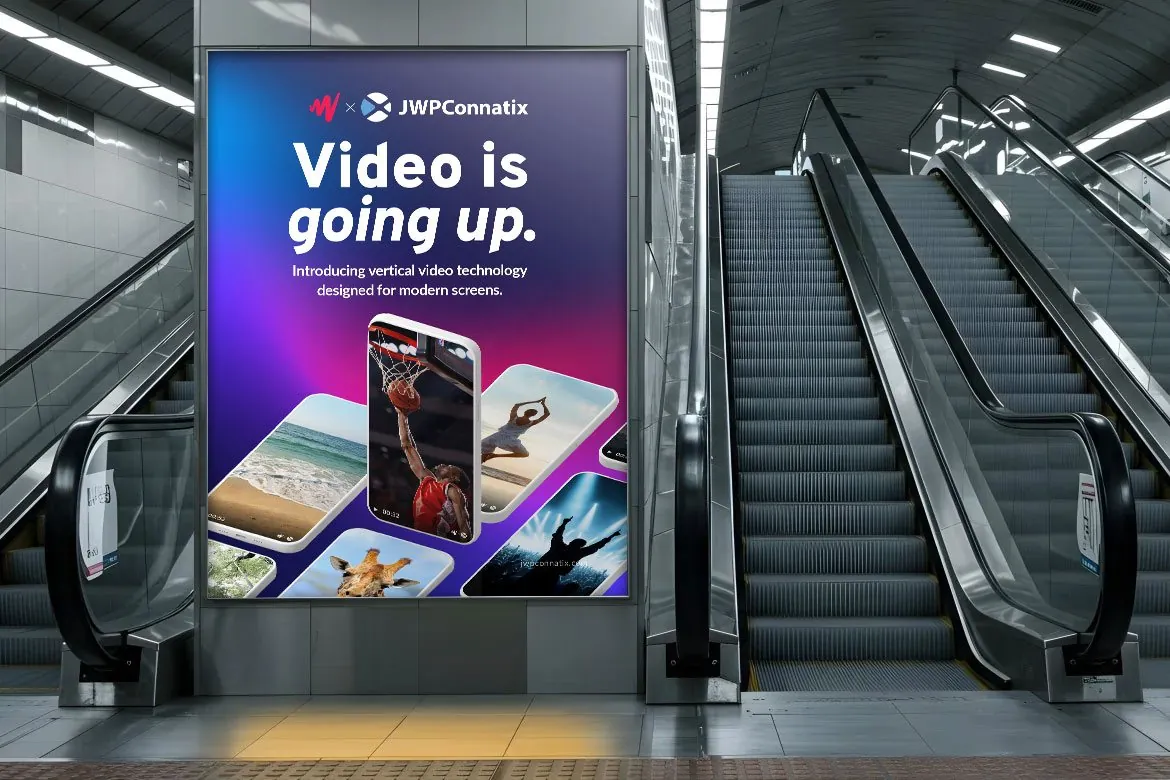 A JWP Connatix transit poster beside an escalator: Video is going up. Introducing vertical video technology designed for modern screens