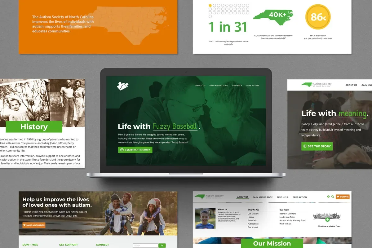 Autism Society of North Carolina website and slide designs in green and orange, with the hero Life with Fuzzy Baseball
