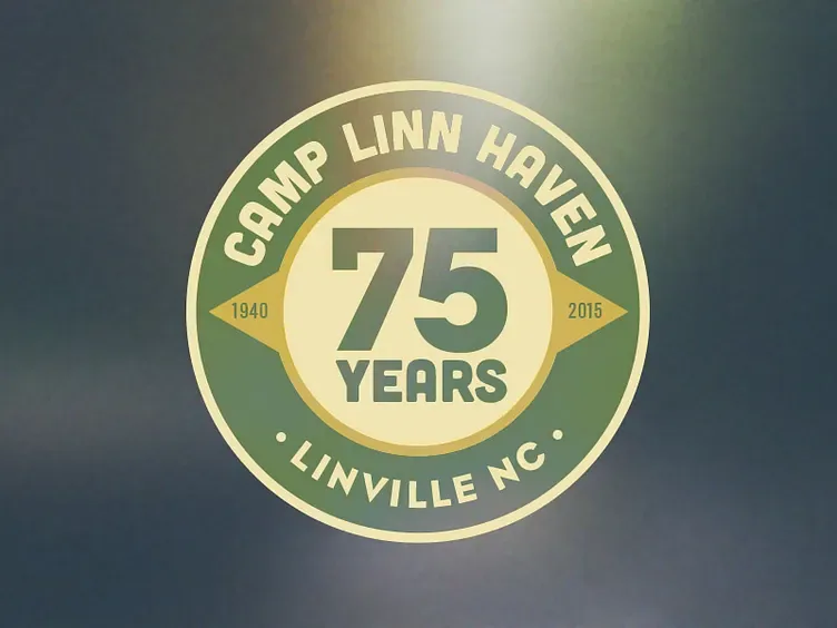 Round 75 Years badge for Camp Linn Haven in Linville, NC, 1940 to 2015, in green and cream