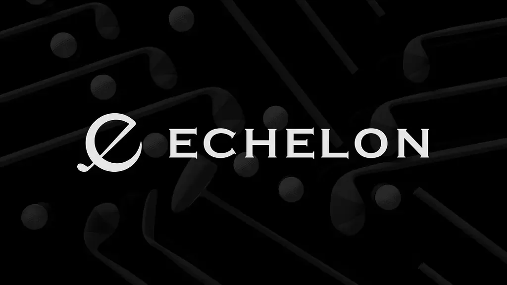 Echelon logo in white on black, a script e beside a serif wordmark, over a faint pattern of golf clubs and balls