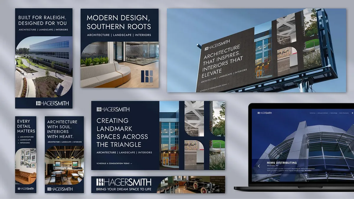 HagerSmith architecture campaign: navy banner ads, a billboard and a website on a laptop, each with building photography cut into the brand mark