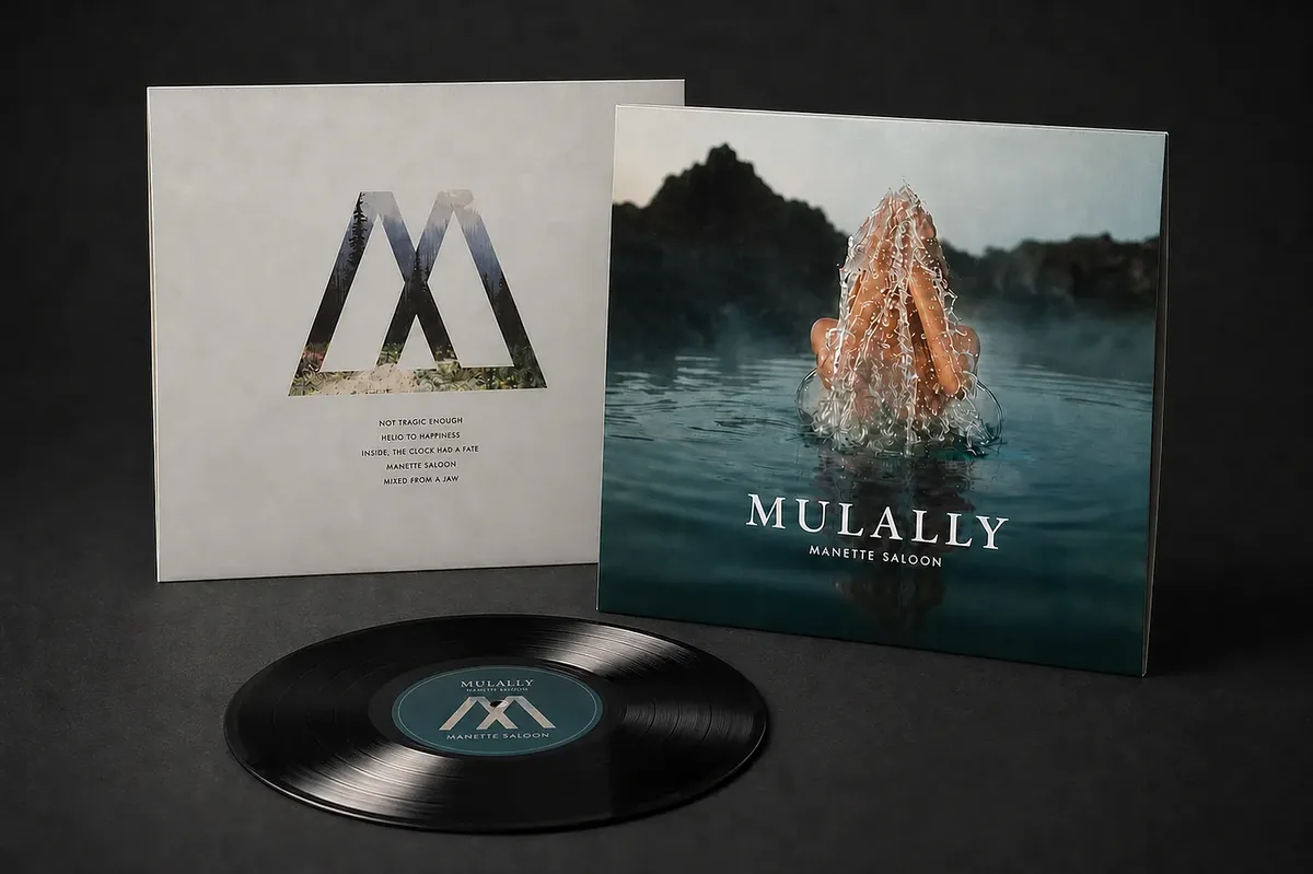 Mulally by Manette Saloon: gatefold sleeve, a triangular M mark with a landscape inside, and the record with a teal label