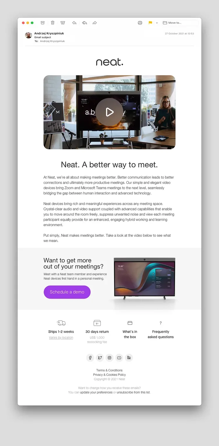Neat promotional email with a video hero, the headline Neat. A better way to meet. and a purple Schedule a demo button