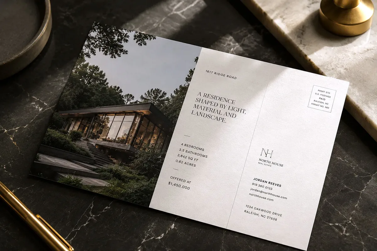 North House Real Estate postcard with a glass house in a wooded setting beside listing details