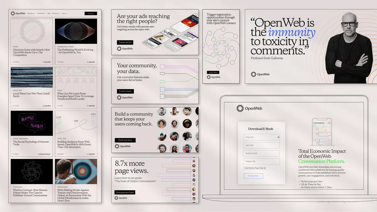 OpenWeb collateral: article cards, display ads, a quote banner and an e-book landing page