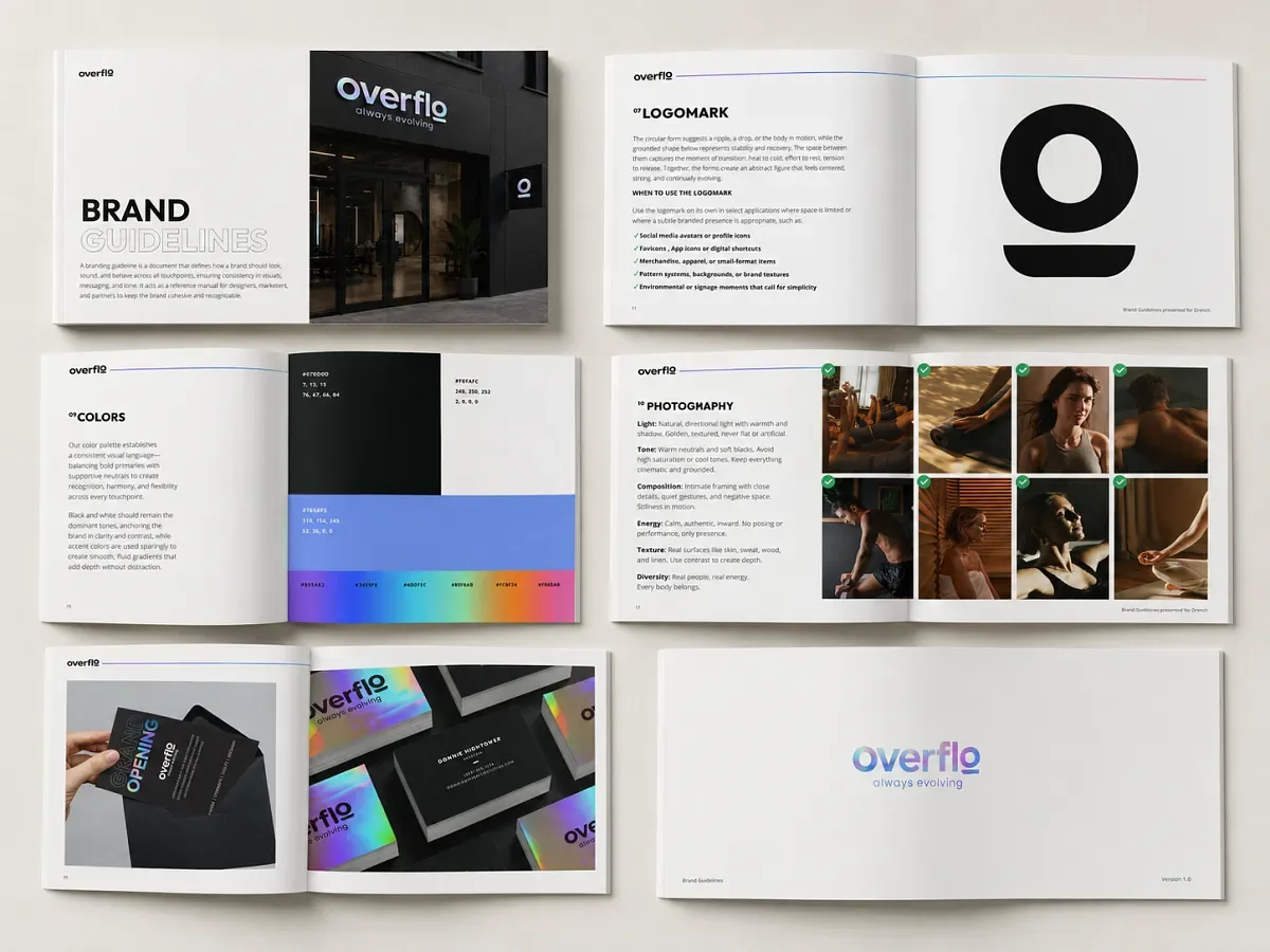 Spreads from the Overflo brand guidelines showing the logomark, color palette, photography and holographic business cards