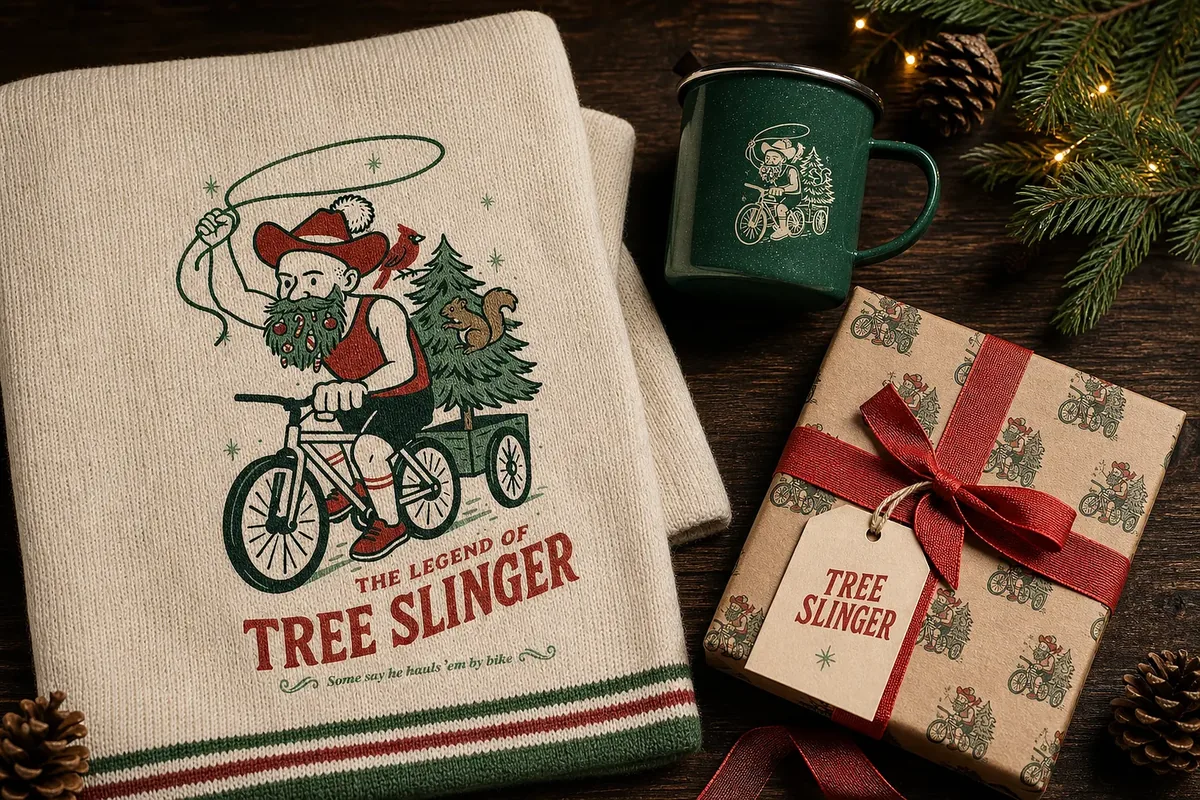 The Legend of Tree Slinger illustration of a cowboy on a bike hauling a tree, on a blanket, enamel mug and wrapped gift