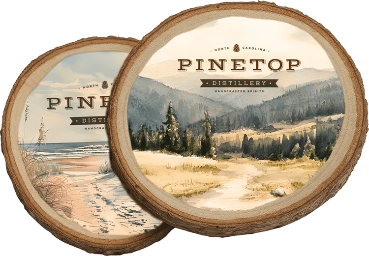 Two wood-slice coasters printed with watercolor landscapes and the Pinetop lockup: a beach path and a mountain meadow