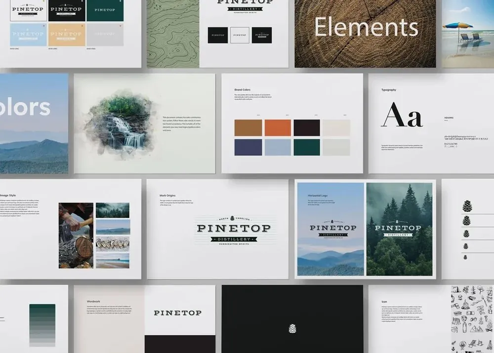 Pages from the Pinetop brand guide: logo versions, brand colors, typography, image style, mark origins, icons and texture