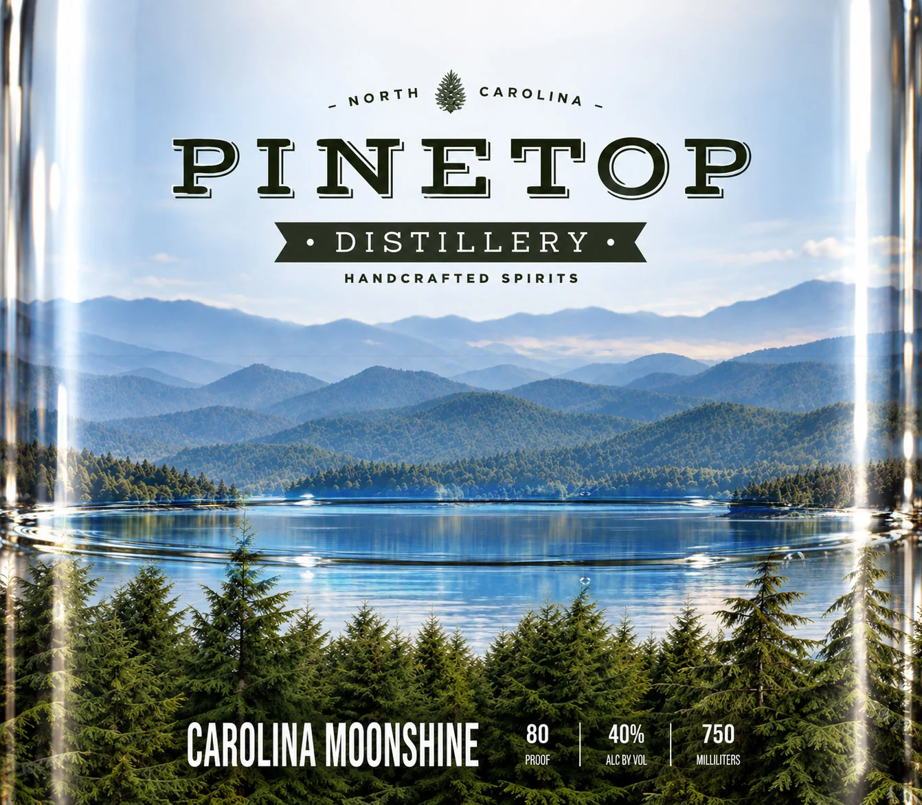 A concept rendering of a Carolina Moonshine bottle up close: the Pinetop logo over Blue Ridge mountains, a lake showing through the moonshine, and a stand of pines along the bottom