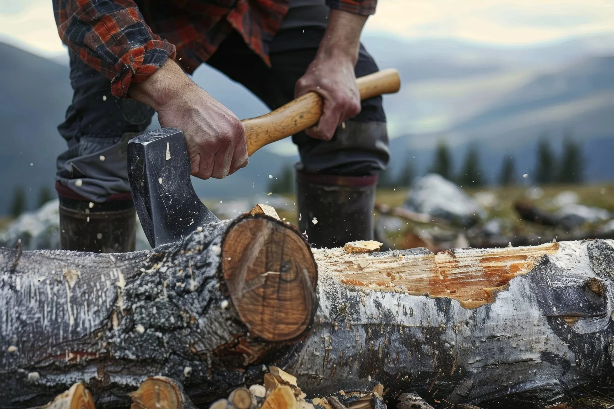 Hands in a flannel shirt splitting a birch log with an axe, mountains behind