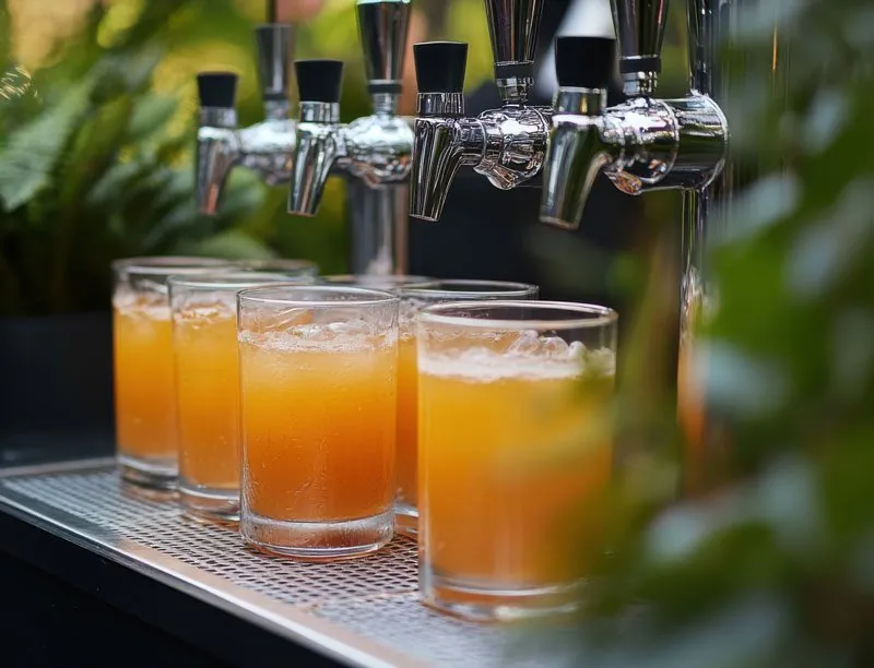A row of chrome taps pouring amber cocktails into glasses on a bar