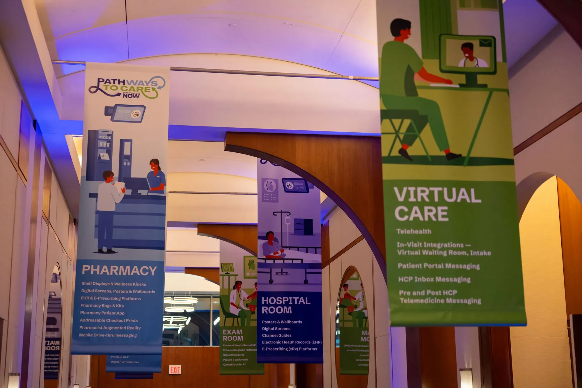 Illustrated hanging banners down a hallway at Pier Sixty: Pharmacy, Exam room, Hospital room and Virtual care, each listing its marketing channels