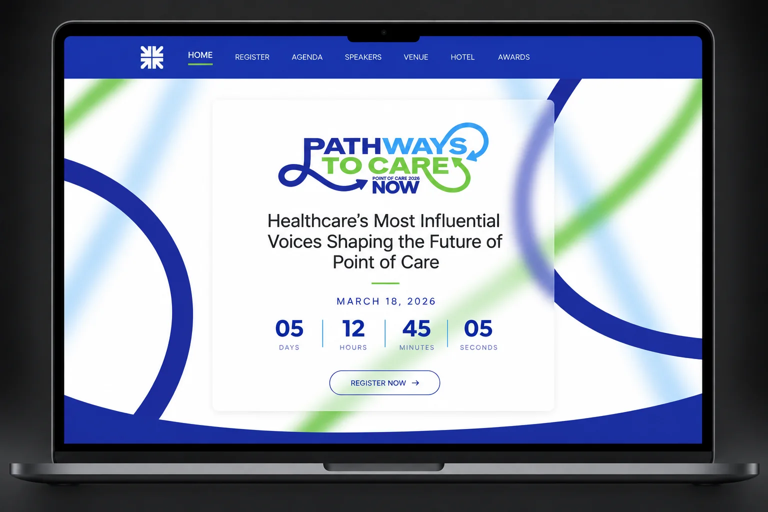 The POC NOW homepage on a laptop: the Pathways to Care logo on a white card over blurred blue and green ribbons, the headline Healthcare’s Most Influential Voices Shaping the Future of Point of Care, a countdown to March 18, 2026 and a Register Now button